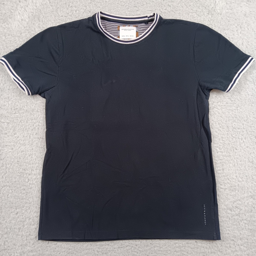 Denim & Flower T-shirt Ricky Singh Men L Navy Blue Striped Trim Crew Neck